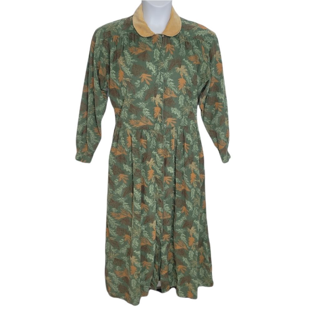 VINTAGE 90s dress corduroy‎ green leaf print button up maxi M